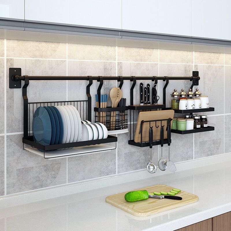 Ponche libre estante de almacenaje para cocina negro Acero inoxidable montado en la pared cuchara especias plato estante organizador de cocina multifunción