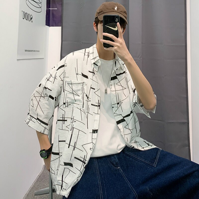 Männer Hemden Abstrakte Gedruckt Hülse Mit Drei Vierteln Plus Größe 3XL Sommer Dünne Freizeit Frauen Koreanischen Stil verlieren Harajuku Ulzzang BF