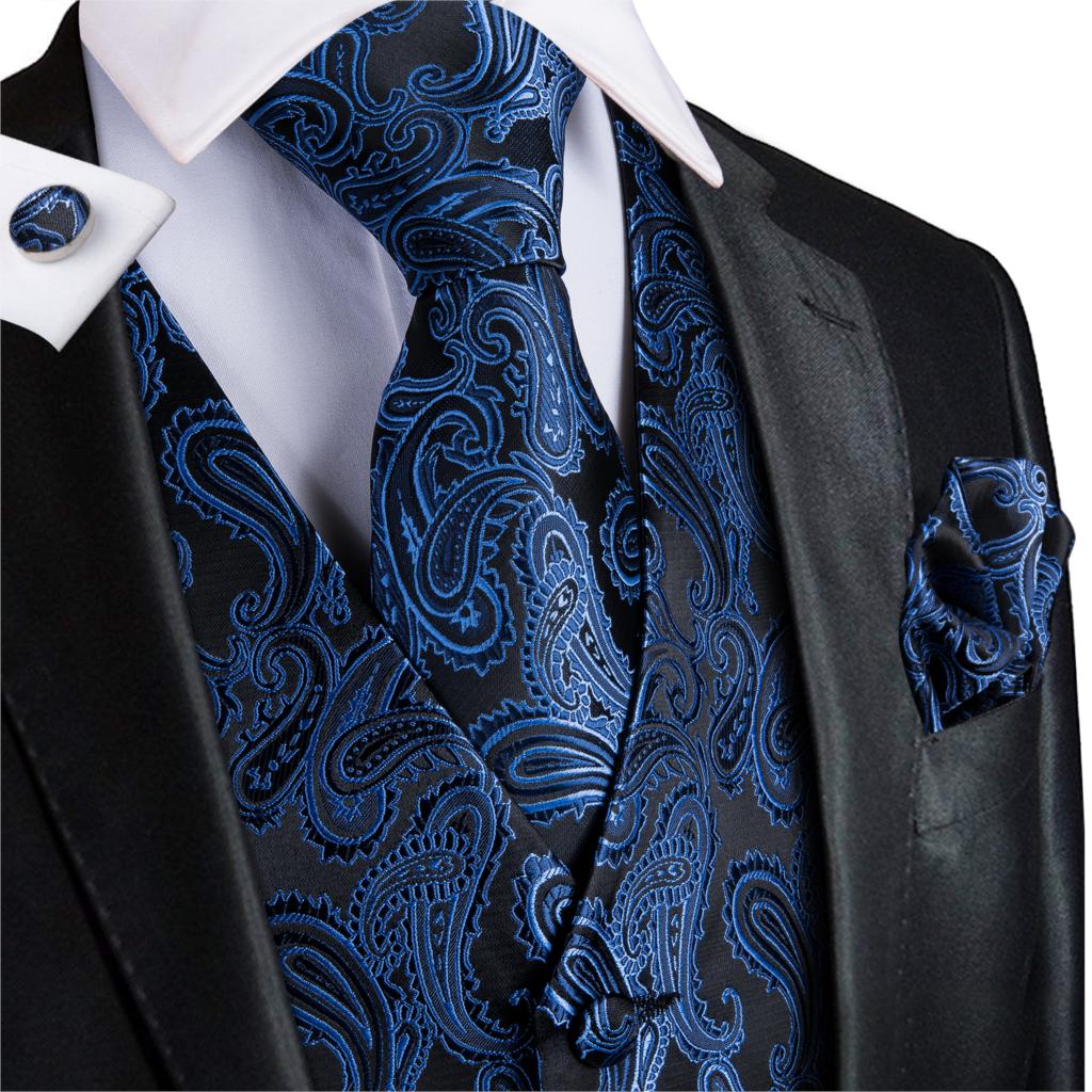 Hi-Tie Solid Blue 100% Silk Men's Vest Suit Dress Vest Set For Men Smart Casual Male Waistcoat For Business Formal Jacket