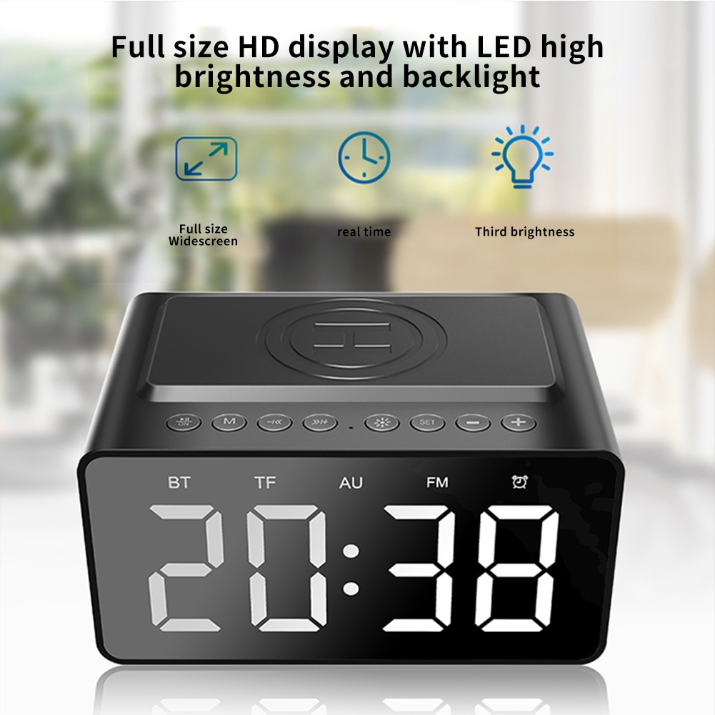 LED Display Non Ticking Wireless Charging Stereo Bedroom Multifunctional AUX Input Digital Alarm Clock Desktop Bluetooth Speaker
