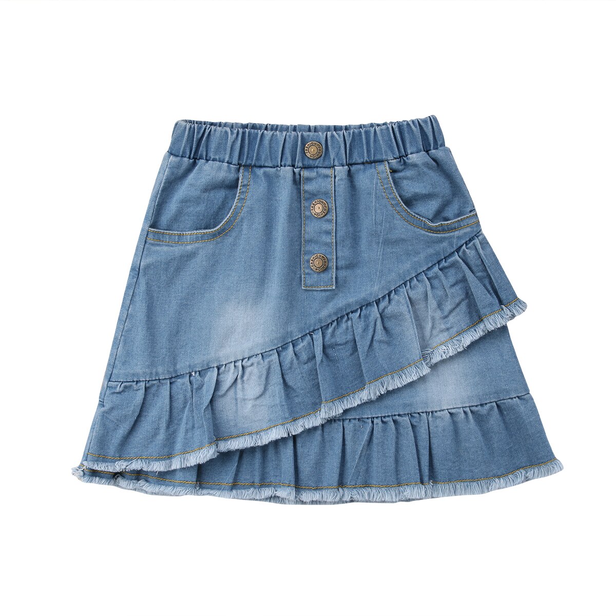 CANIS di Estate Del Bambino Delle Ragazze Dei Capretti Blu Denim Mini Skirt Ruffles Pulsante di Modo Bello Pannello Esterno Del Jean casual: 12m