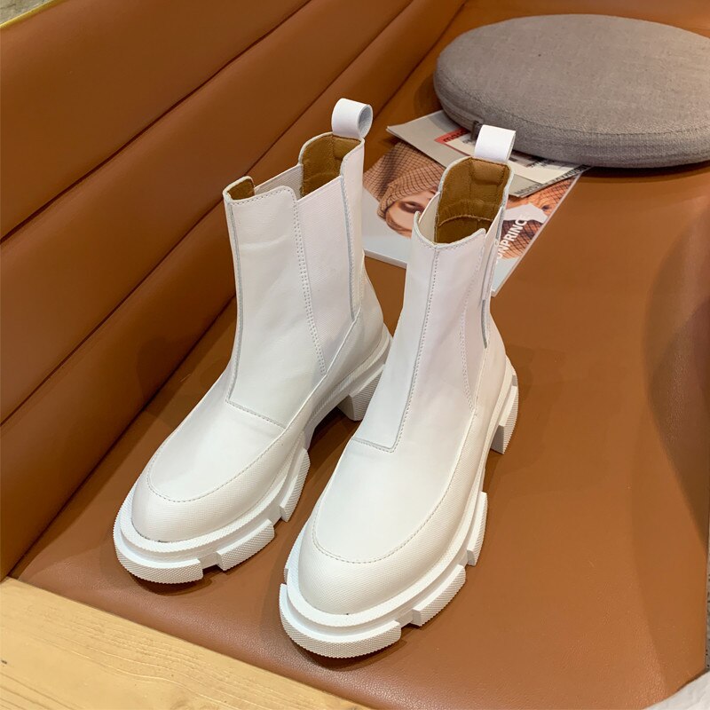 Kvinder chelsea støvler tyk sål platform korte støvletter slip-on motorcykel støvler sort hvid efterår sko botas mujer: Hvid / 37