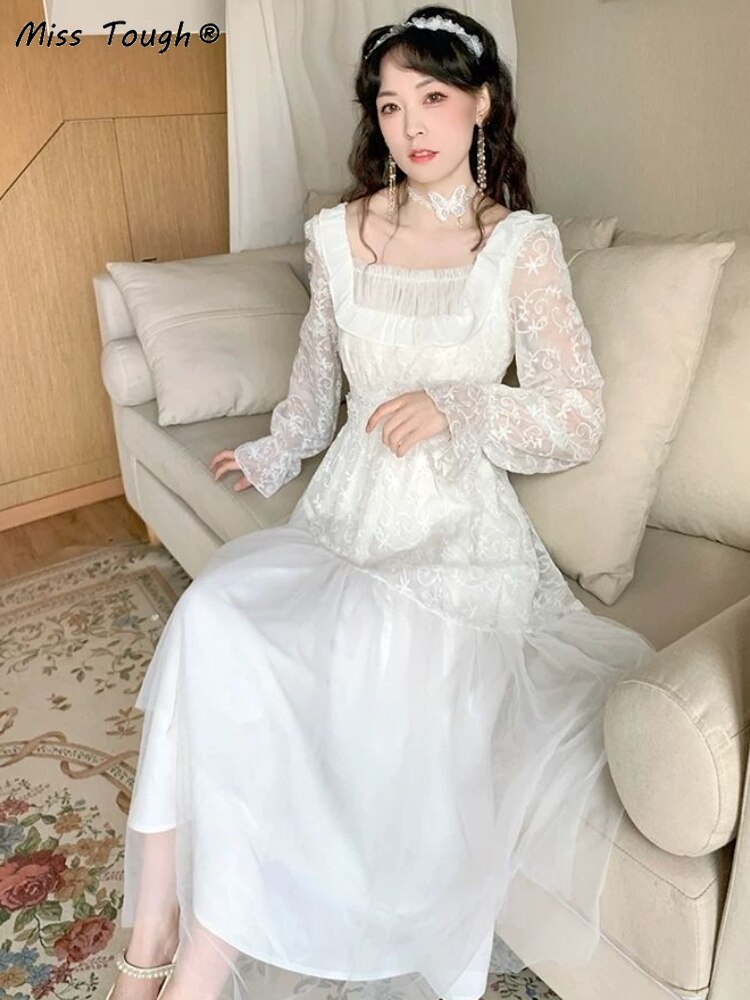 Vintage Evening Party Long Dress Women Lace France Retro Princess Fairy Dress White Korea Sweet Dress Female Summer 2022