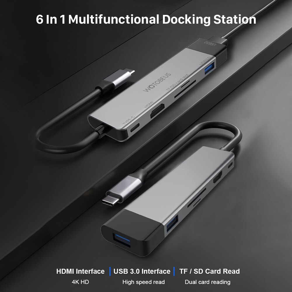 WOTOBE 6-in-1 USB Type C HUB Docking Station to HDMI Compatible USB 3.0 Type-C Adapter USB HUB For MacBook Samsung Huawei