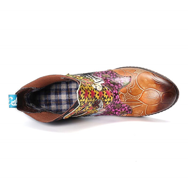 CrazycatZ Women's Ankle Boots - Leather Block Heel, Floral Pattern, Vintage Side Zip, 7.5 Cm Heel