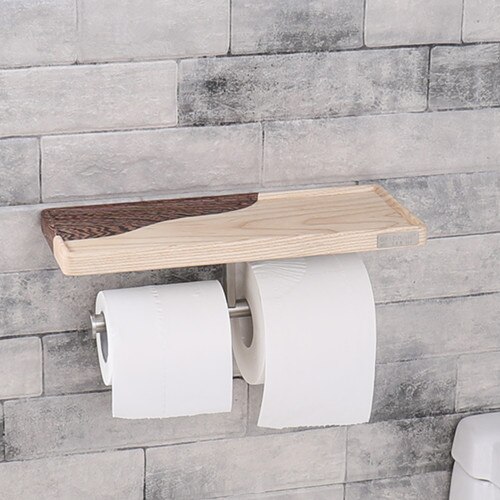 Distributeur de rouleau de papier toilette en acier inoxydable support en bois distributeurs de stockage de papier salle de bain murale avec étagère de téléphone: PH-WM1005