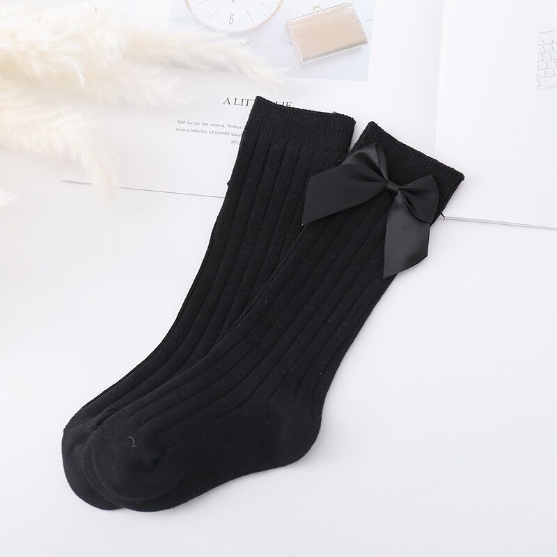 Baby Meisjes Grote Boog Sokken Leuke Candy Kleur Antislip Floor Sokken Verticale Strepen Katoenen Baby Mid Tube Sokken: Black / 12m