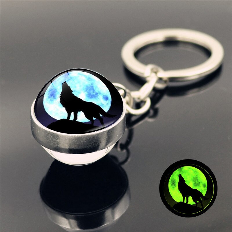 Lichtgevende huilende wolf huilende maan sleutelhanger hanger dubbelzijdige gloeiende glazen bol sleutelhanger hanger: 9