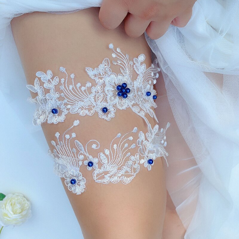 2Pcs Wedding Garter Lace Beads Embroidery Flower Sexy Garters Women/Female/Bride Thigh Ring Bridal Lace Leg Ring Loop: blue