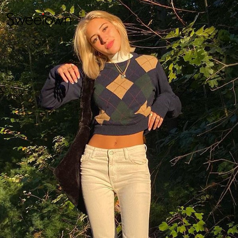 Sweetown Argyle Knitted Y2K Sweaters Women Preppy Style Vintage 90s Aesthetic Knitwear Pull Plaid Blue Pullover Jumpers Winter