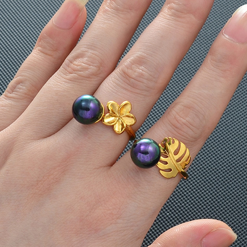 Anniyo Hawaiian Ring Black Pearl Ring Frangipan Flower Monstera Leaf Jewelry Guam Marshallese Chuuk Micronesia Kiribati #238706