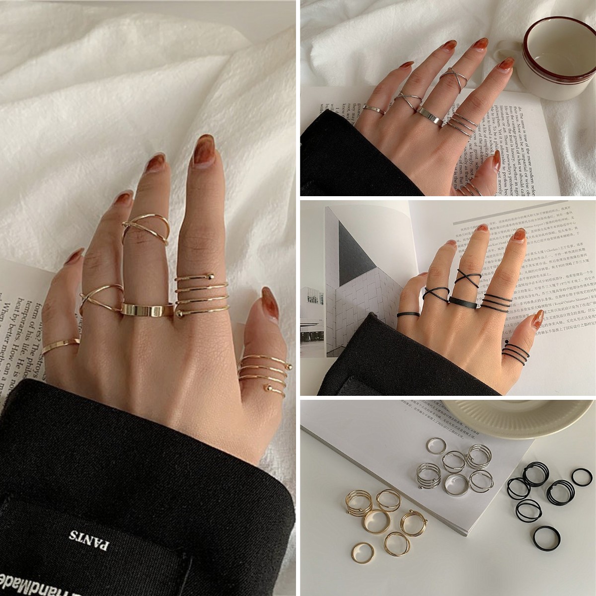 6 Stks/set Punk Vinger Ringen Eenvoudige Gladde Goud/Zwarte Geometrische Metalen Ringen Voor Vrouwen Meisjes Partij Sieraden Кольцо bijoux