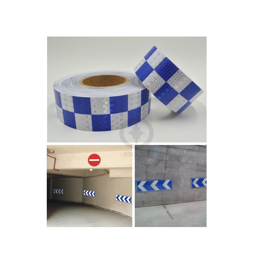 5 cmx 3m skinnende blå hvid farve firkantet selvklæbende reflekterende advarselstape til bil & motorcykel