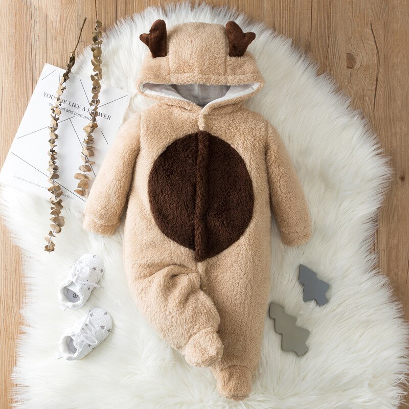 Barboteuse en fourrure pour -né fille et garçon de 0 à 18 mois, avec capuche et oreilles de dessin animé, manches longues, simple boutonnage, combinaisons, tenues d'hiver