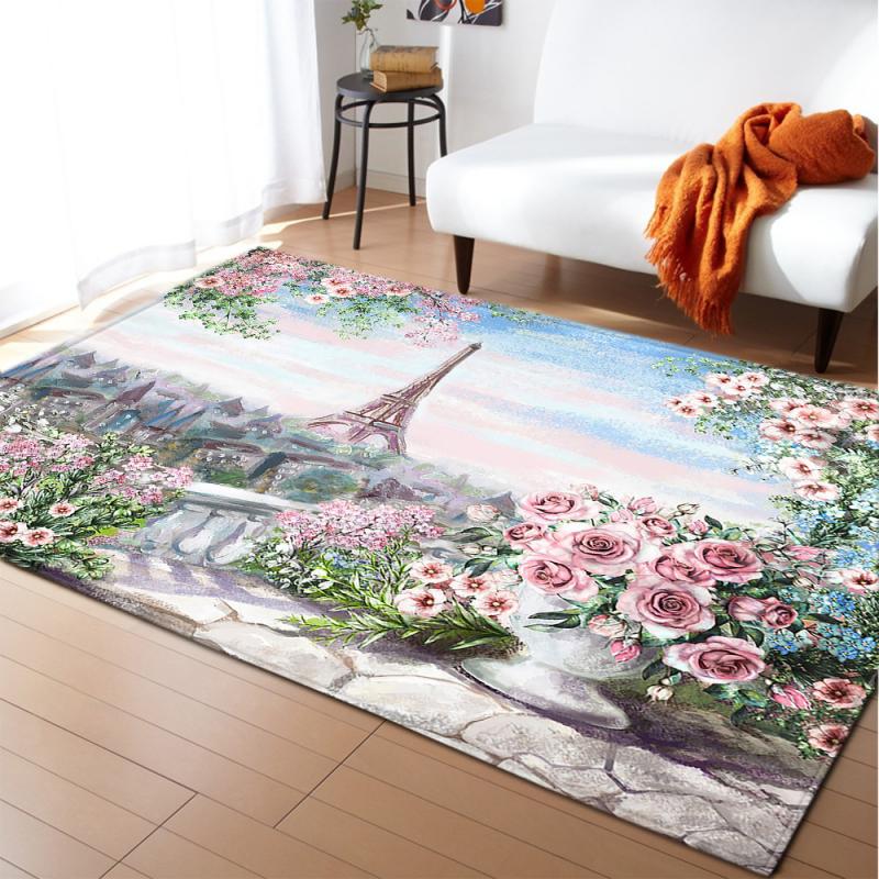 Retro Parijs Toren Roze Bloem Mooie Tapijt Woonkamer Tapijt Slaapkamer Tapijt