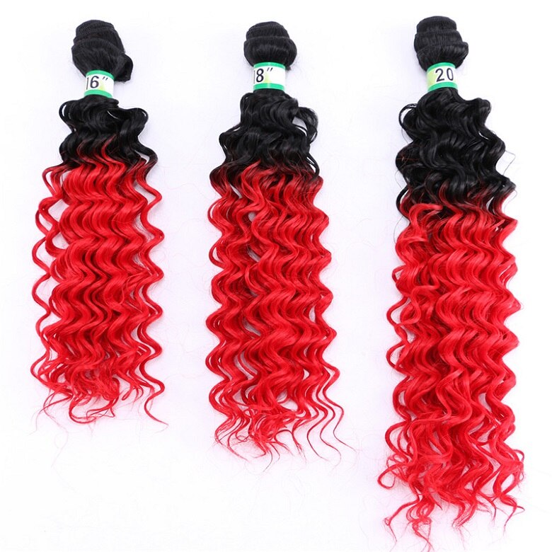 Tissages synthétiques Deep Wave bouclés-ANGIE | Mèches ombré deux tons à longueur mixte pour femmes de 16 18 20 pouces: T1B / Rouge