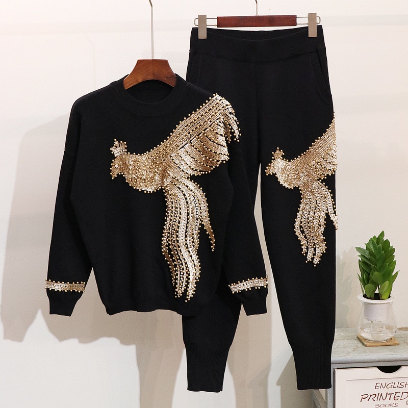 High QQuality Women Autumn Winter Beading Sequined Pattern Long Sleeve Knitted Pullover Tops Trousers 2PCS Clothing Sets