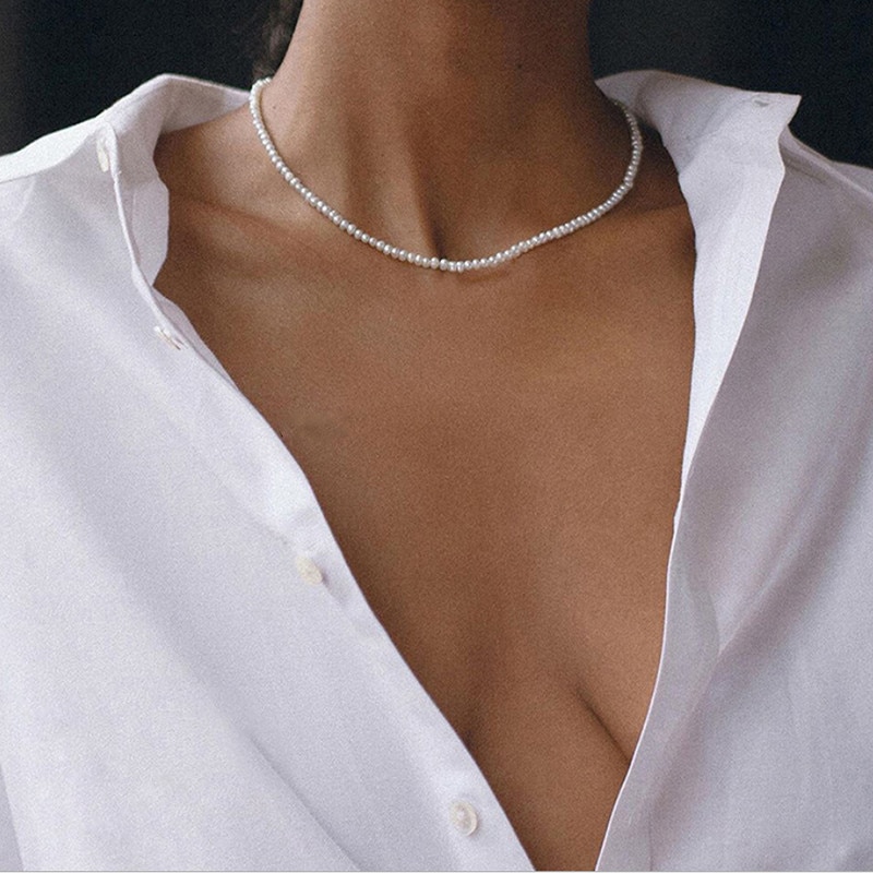 Simple Pearl Beads Chain Choker Necklace Bohemian Statement Clavicle Necklace for Women Collar Pearl Jewelry