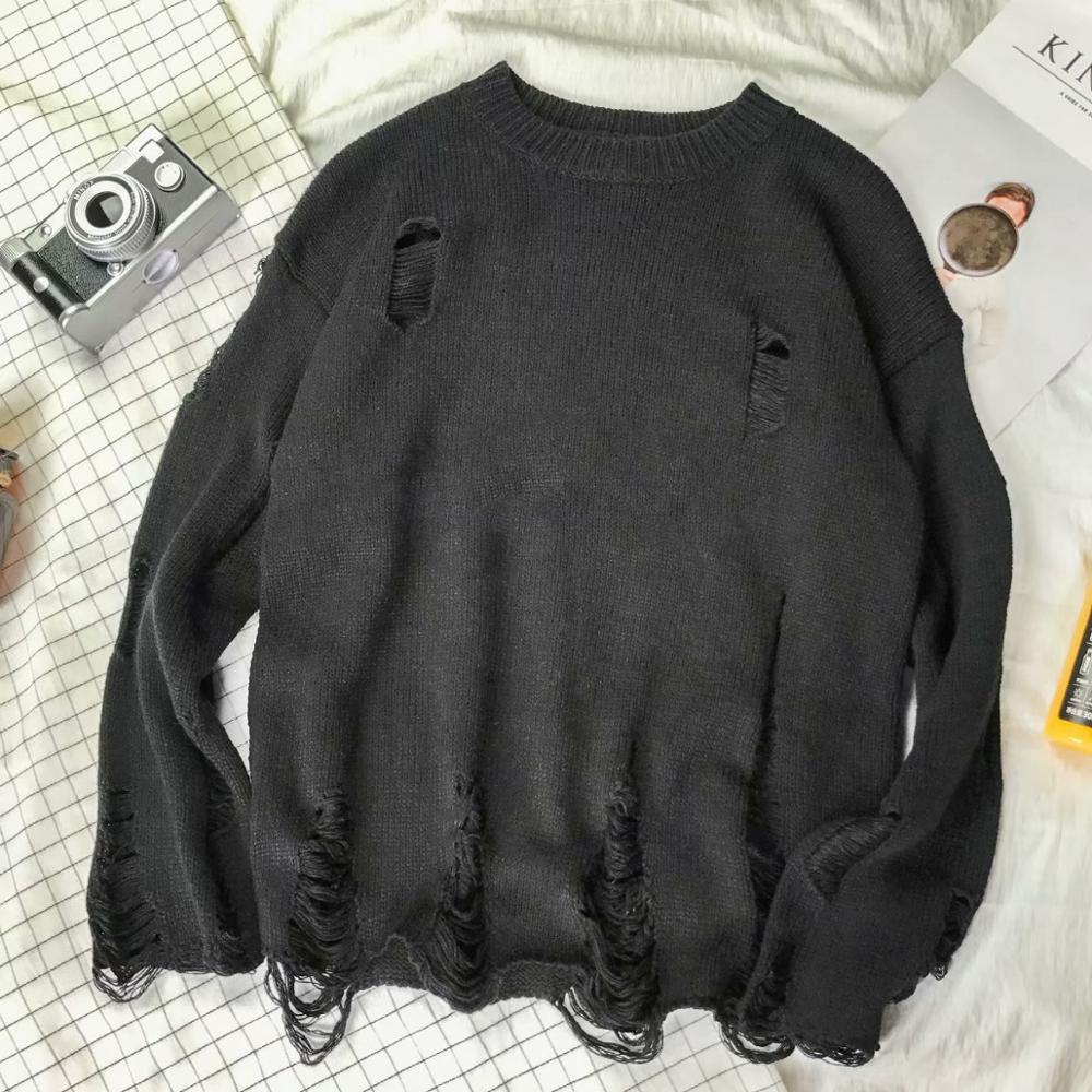 Høstgenser herre solid strikkegenser mannlig kausal revet uthullet gensere streetwear hip hop pullover topper: Svart / Xl