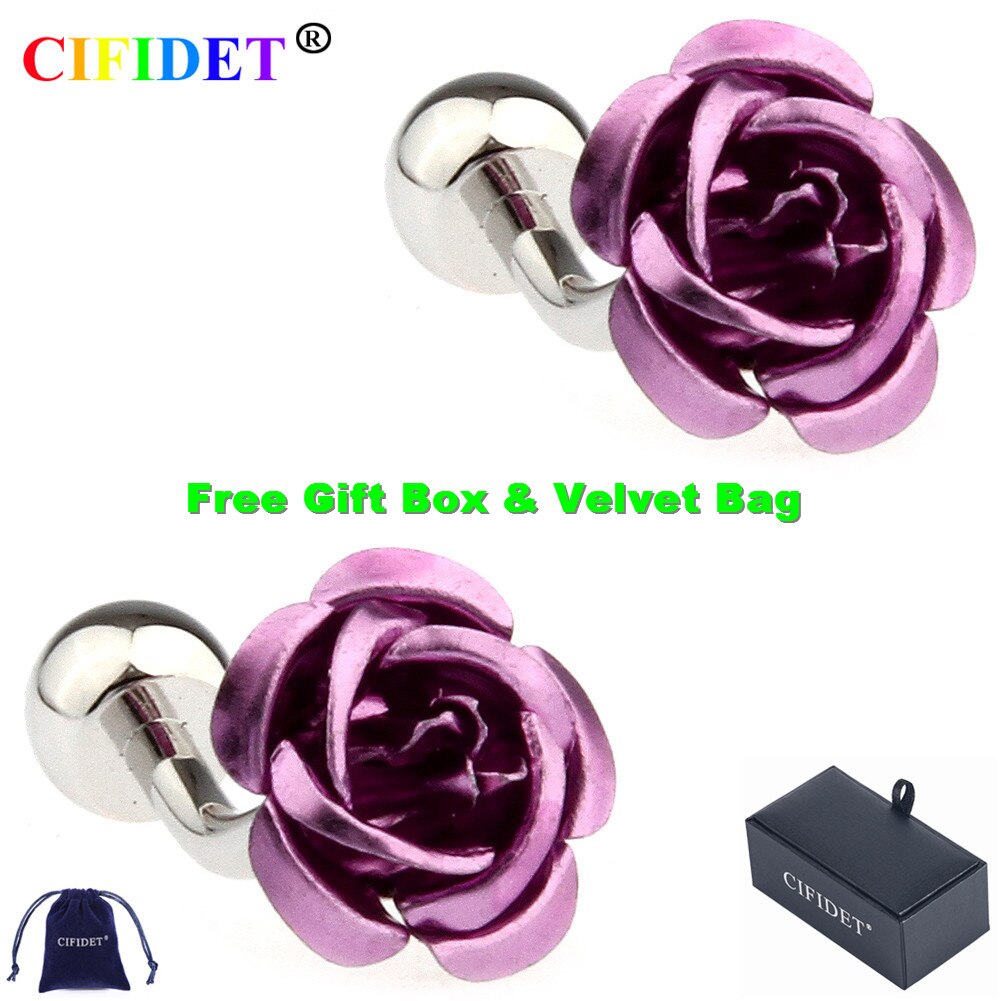 CIFIDET Wedding Cufflink Stylish Purple Rose Shirt Cuff Link With Velvet Bag and Gift Box Jewelry Accessories Present for Men