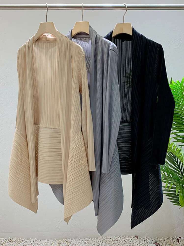 Lanmrem plissert trenchcoat cardigan vår tynn vindjakke langermet uregelmessig løs mellomlang kåpe 2 r 4617