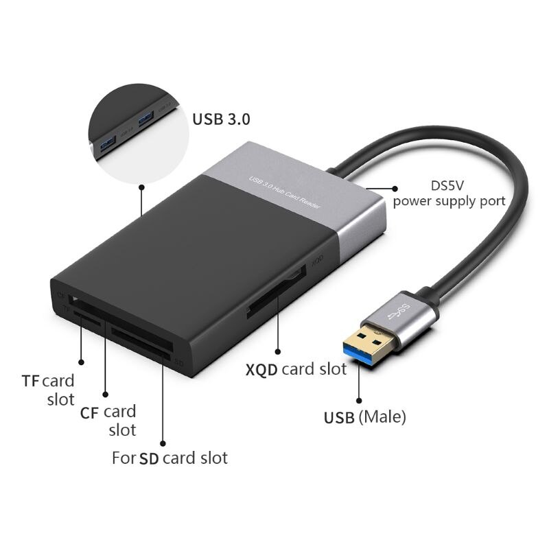 Lector de tarjetas de memoria de alta velocidad 6 en 1 USB 3,0 adaptador de concentrador de 2 puertos de aleación de aluminio lector de cable de PVC para XQD/CF/SD/TF