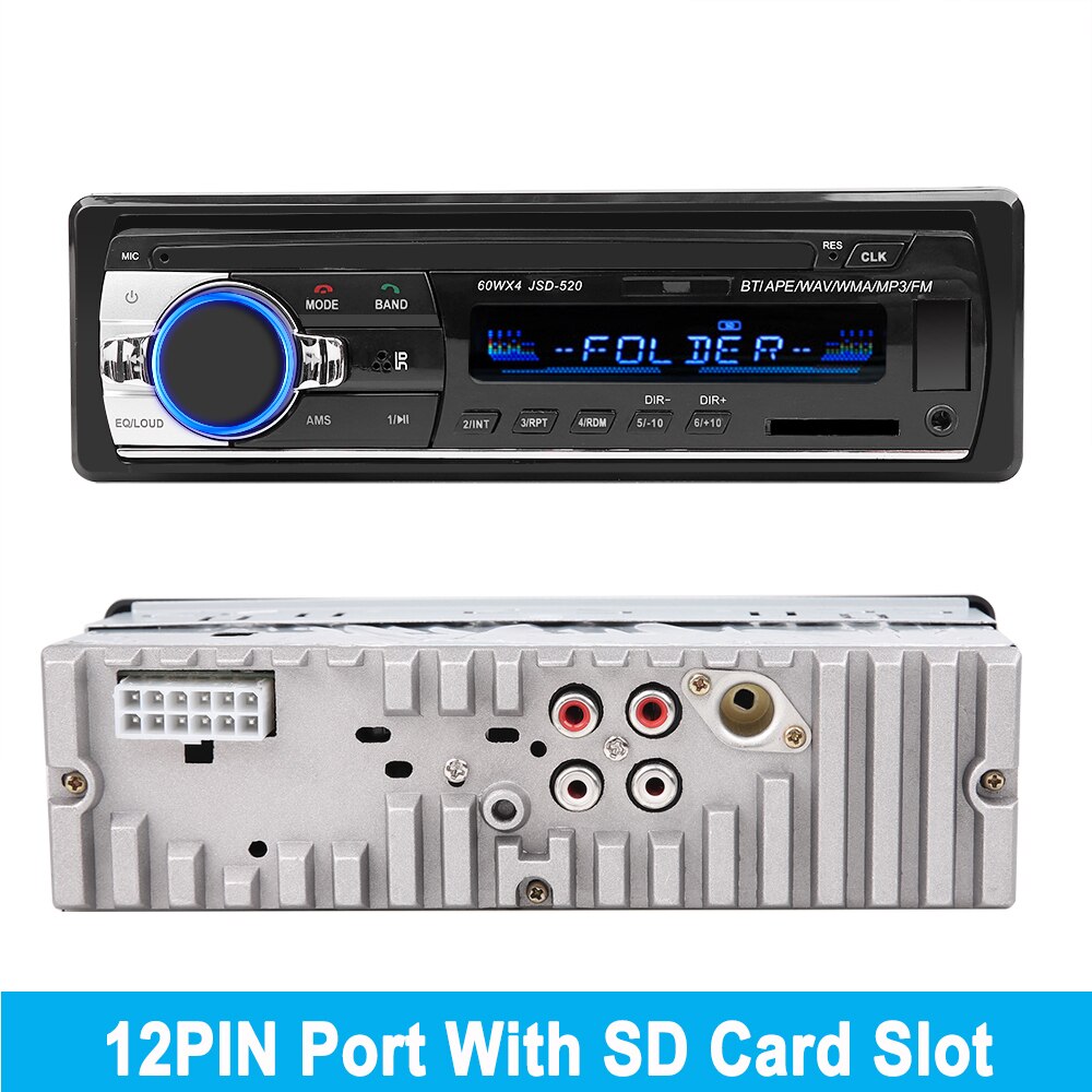 Autoradio stéréo numérique, Bluetooth JSD-520, 1 Din, lecteur MP3, 4x60W, Audio FM, récepteur de musique, USB/SD, avec entrée AUX au tableau de bord: 12 PIN For SD Card