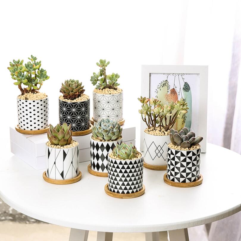 Sales Home Modern Style Desktop Flower Pot Green Plant Holder Ceramic Planter Geometric Printing Plant Pot Office Decoration