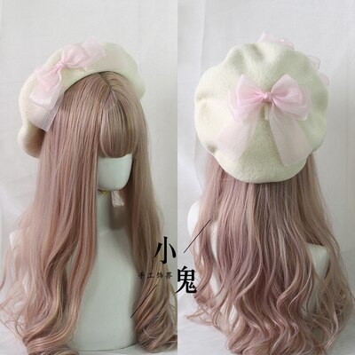 Japanse Kawaii Baret Hoed Lolita Tiener Hart Zoete Wollen Handgemaakte Cute Lace Strik Warme Herfst Winter Schilder Hoed Hoofdtooi: 13