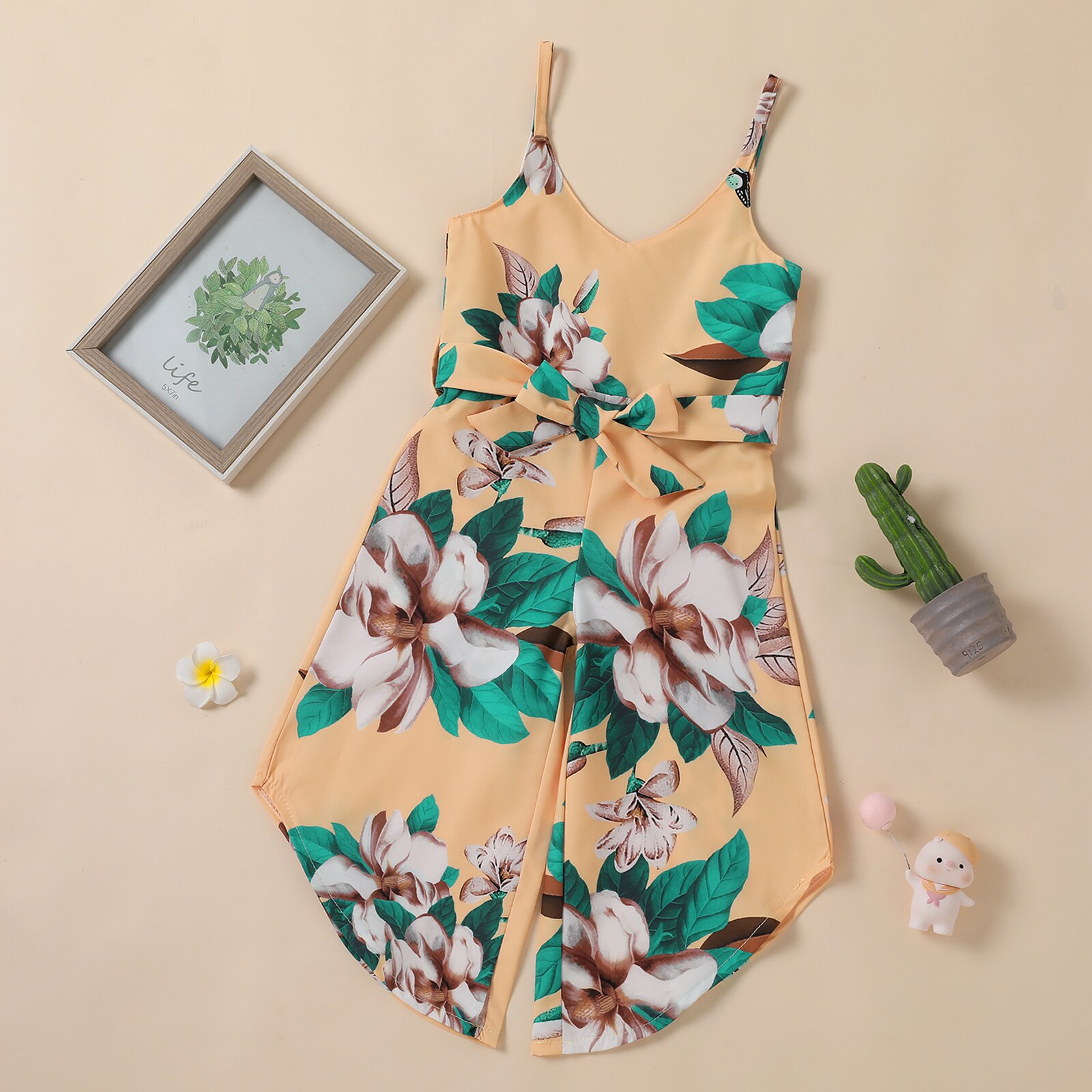 Peuters Meisjes Verstelbare Tailleband Jumpsuit Zomer Mouwloze Bloemen Printing V-hals Overalls Kleding