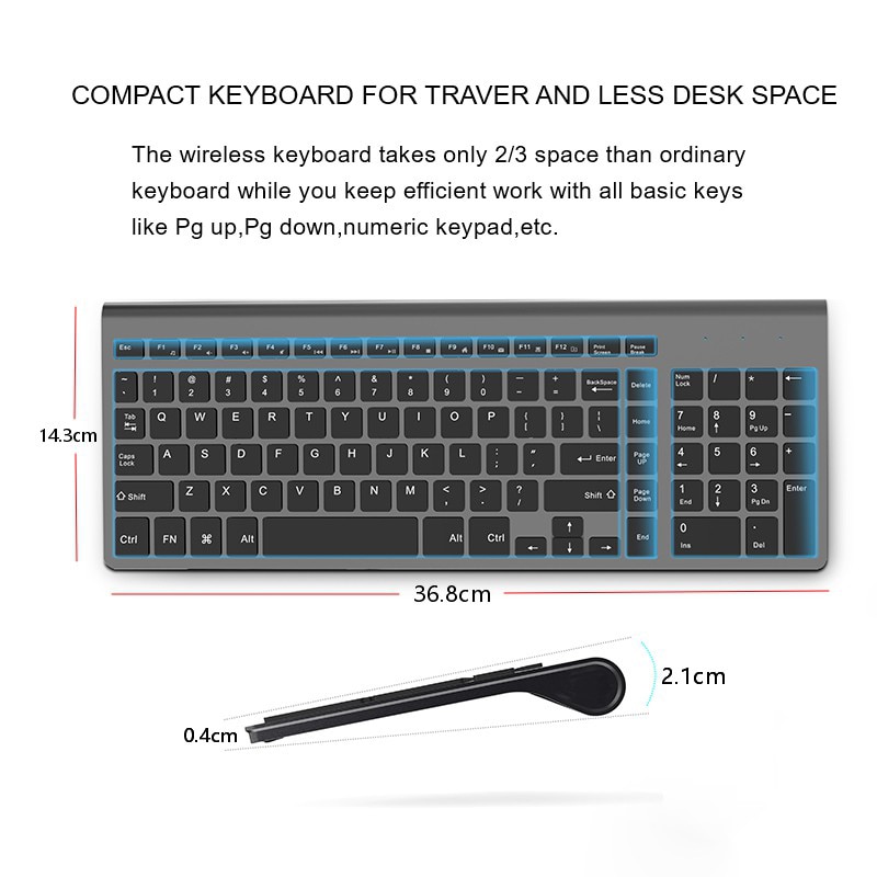 Orsolya-Conjunto de teclado y ratón inalámbricos, dispositivo compacto de tamaño completo, delgado y óptico de 2,4 dpi, teclas de poco ruido, color gris, 2400G