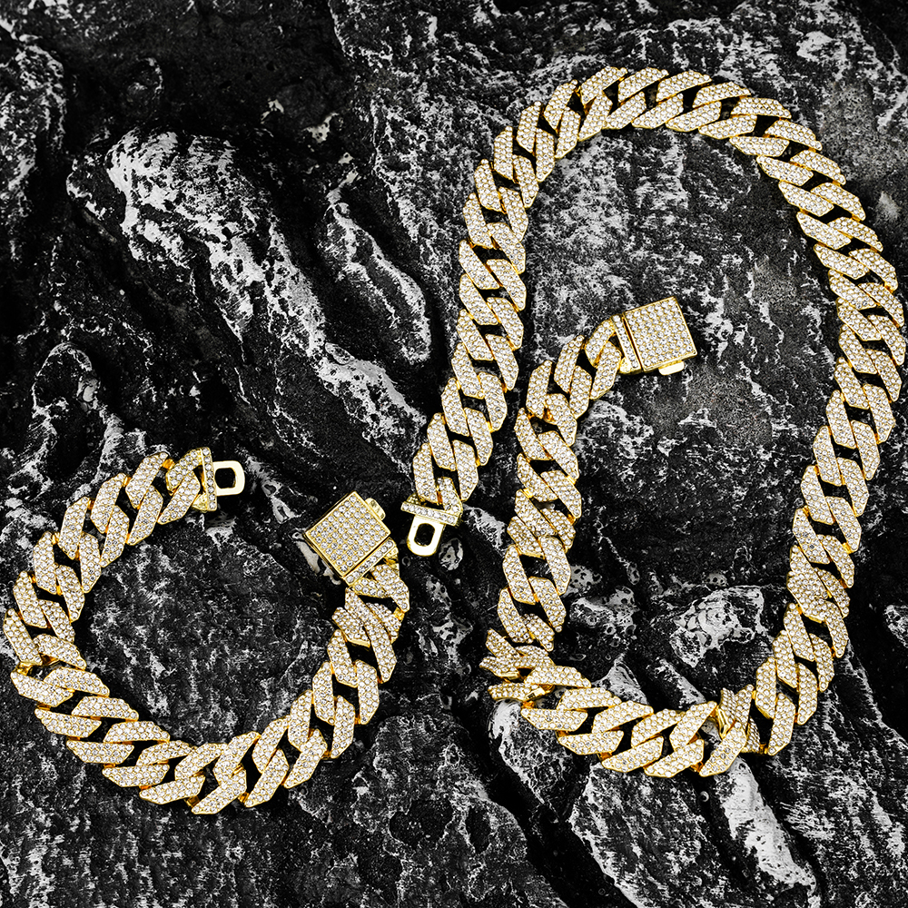 Reloj de cadena cubana de 16MM para hombre, Hip Hop, 3 uds., Miami, diamantes de imitación pavimentados, rapero, collar cubano, traje, reloj + pulsera, joyería: 45 cm / Color dorado