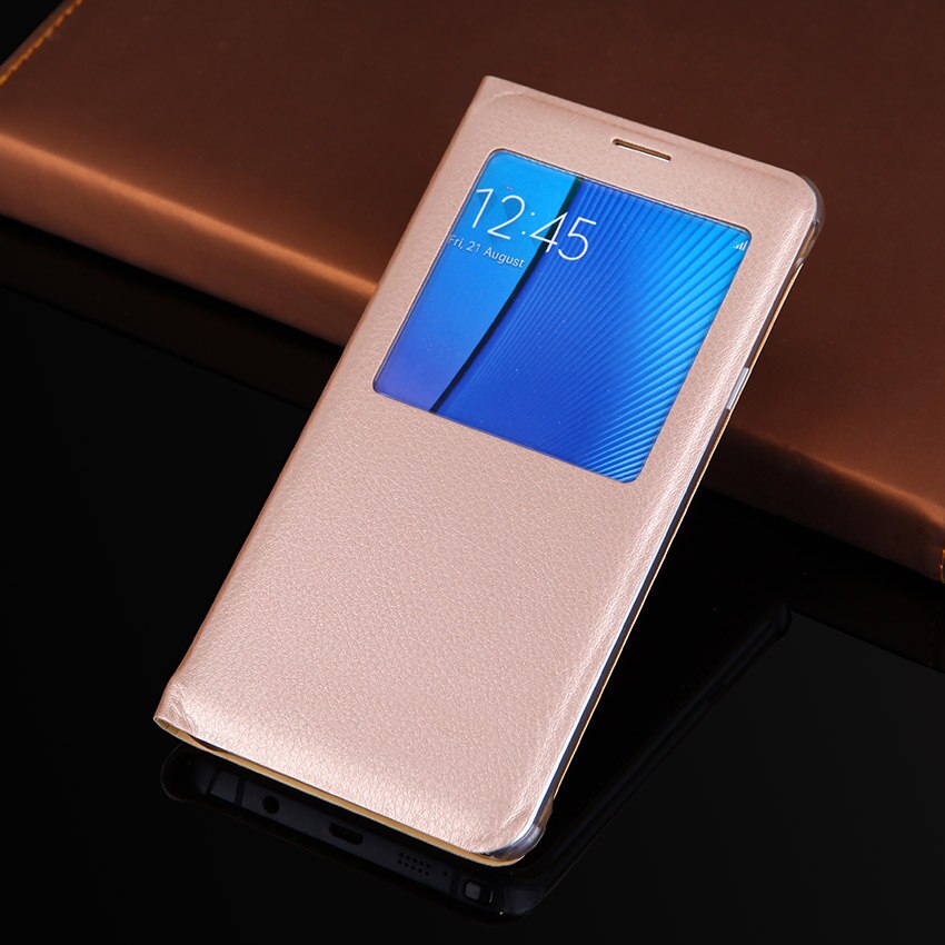 Flip Cover Leather Case Slim Window View Shockproof Bag Cell Phone Carrying Cases Mask For Samsung Note 5 Note5 N920 N920F N920H: Gold