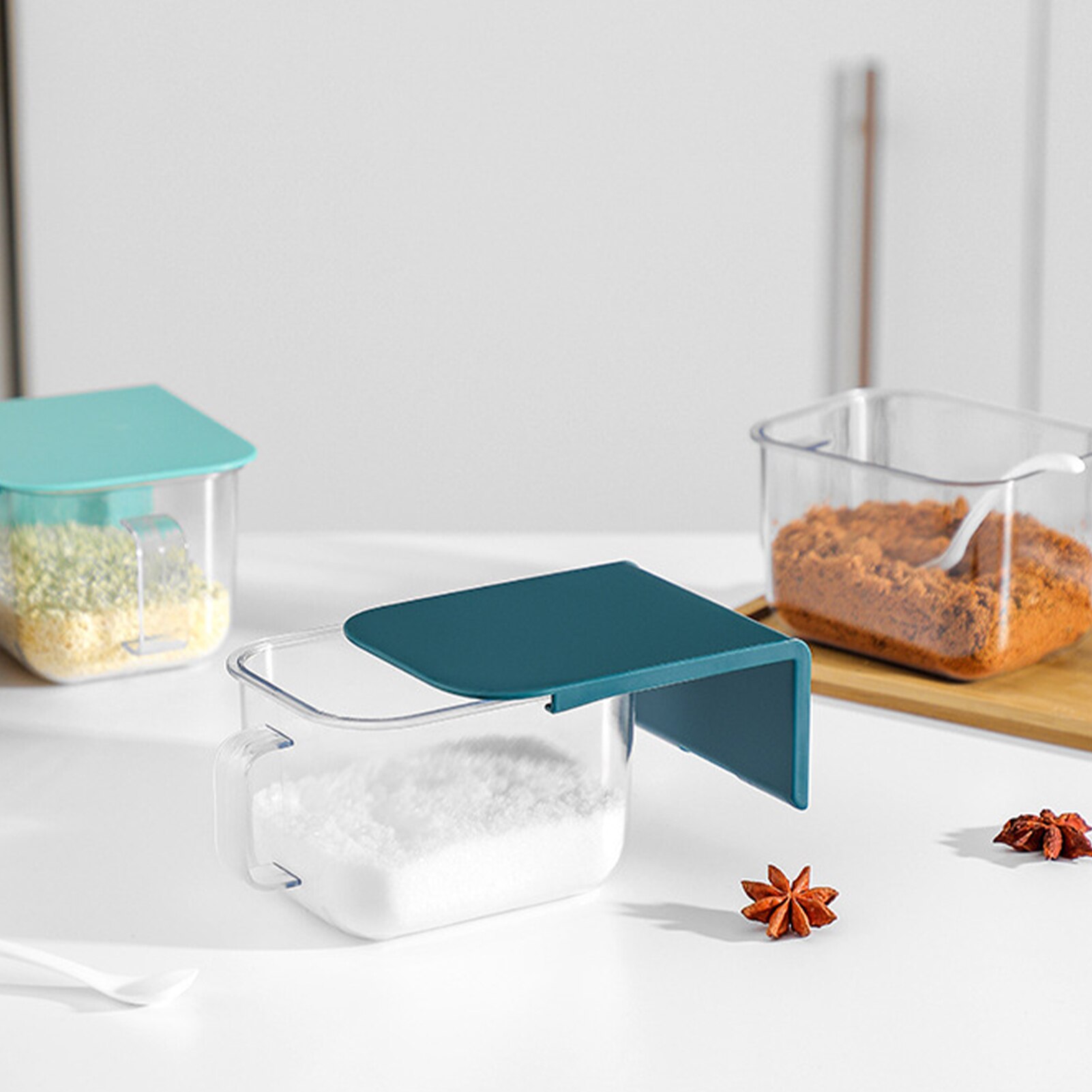 1 Grid Spoon Rack Kitchen Container With Lid Seasoning Box Herb Spices Storage Container Cooking Seasoning With Desk Handle