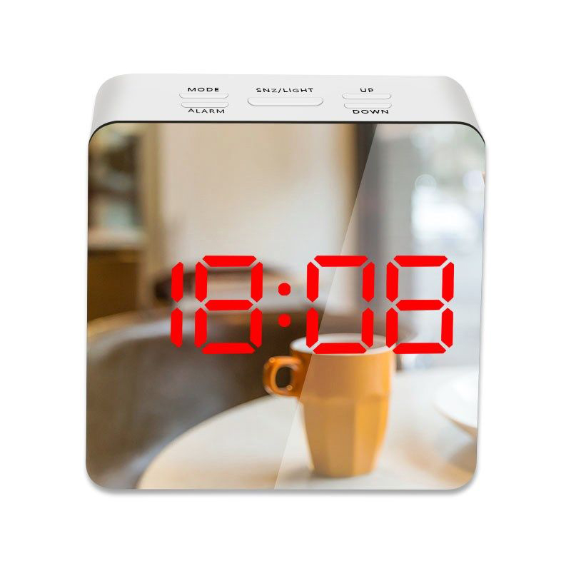 LED Mirror Alarm Clock Digital Table Clock Snooze Night Display Large Time Temperature Display For Home Office Decoration Clock: Square Red