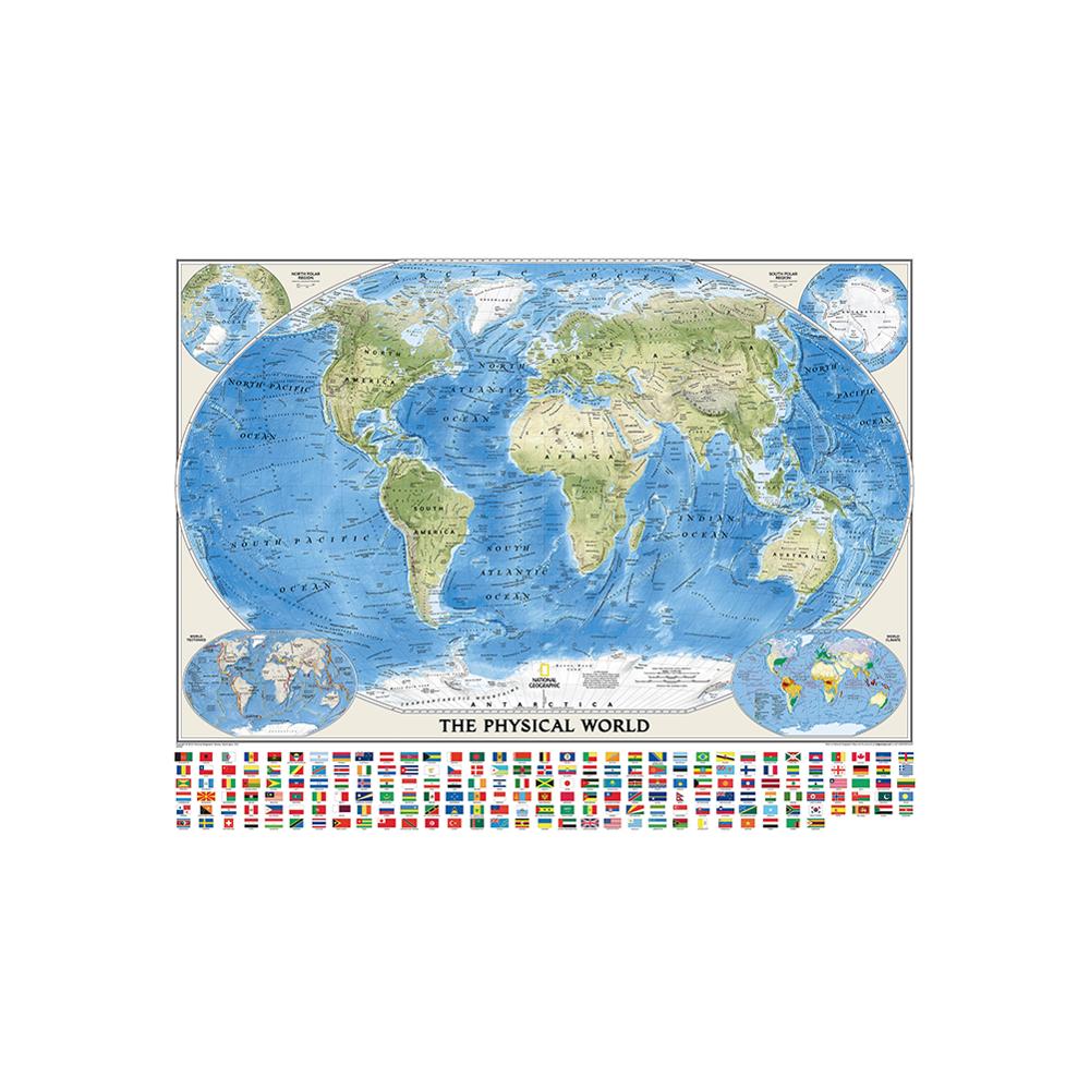 150X225 Cm De Wereld Fysieke Kaart Met Wereld Tektoniek En Klimaat Non-woven Wereldkaart Met Nationale vlaggen