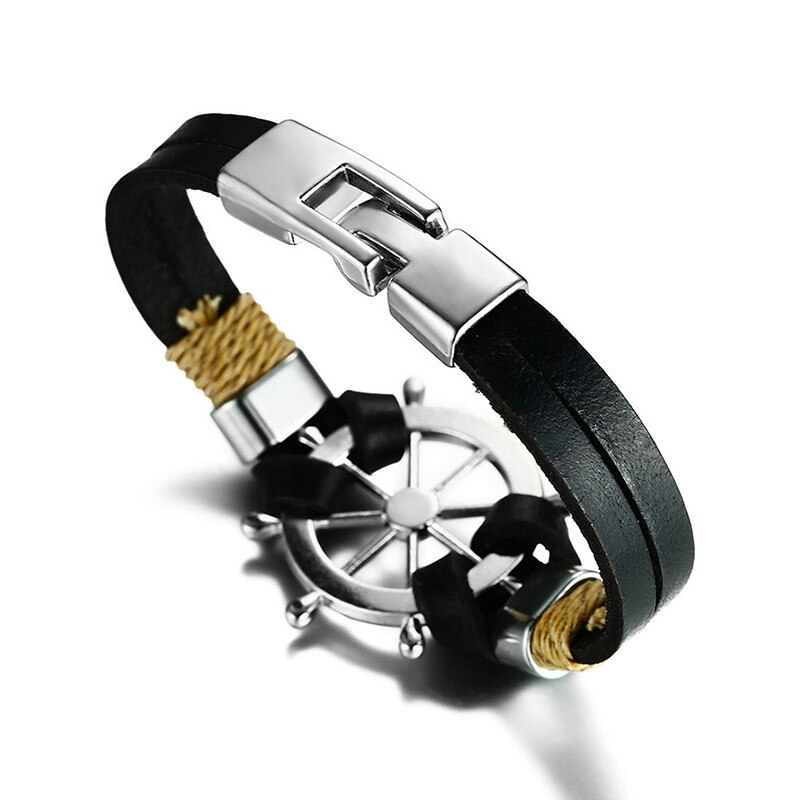 Modyle-pulsera de doble capa con timón para hombre, brazalete de cuero clásico Vintage, joyería de navegación deportiva diaria,