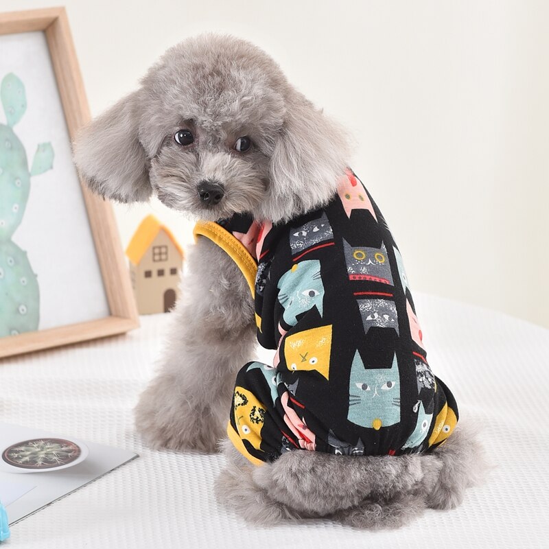 Ropa con estampado de gato para Yorkshire Terrier, pijamas de 4 Patas, chaleco negro sin mangas para mascotas, XS a 3XL, Corgi, Pugs medianos: S