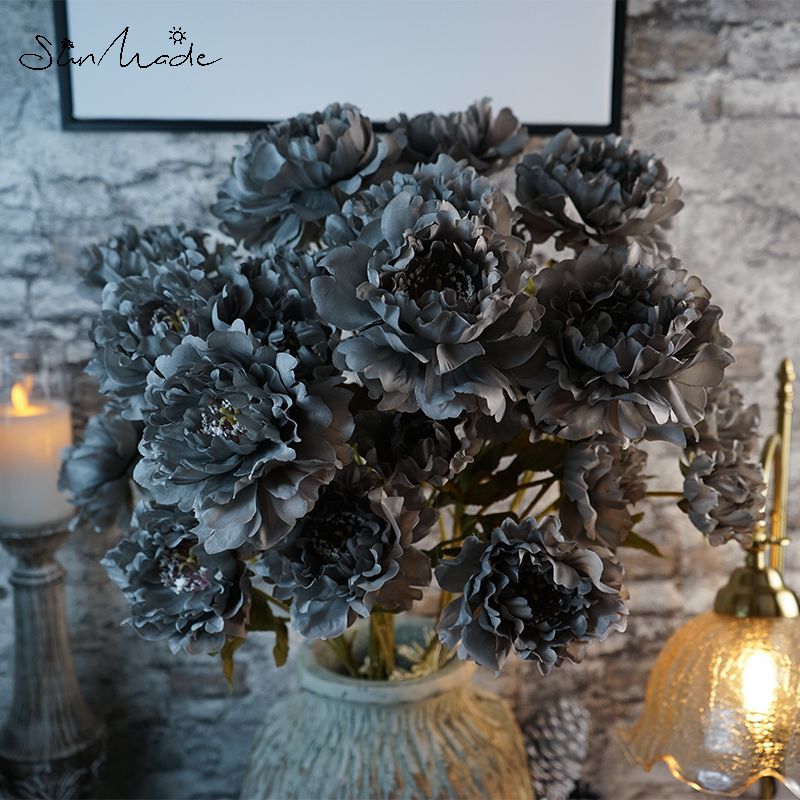 Sunmade 3-Head Grote Pioen Tak Kunstbloemen Woonkamer Decoratie Bruiloft Fall Decor Bloemstuk Diy