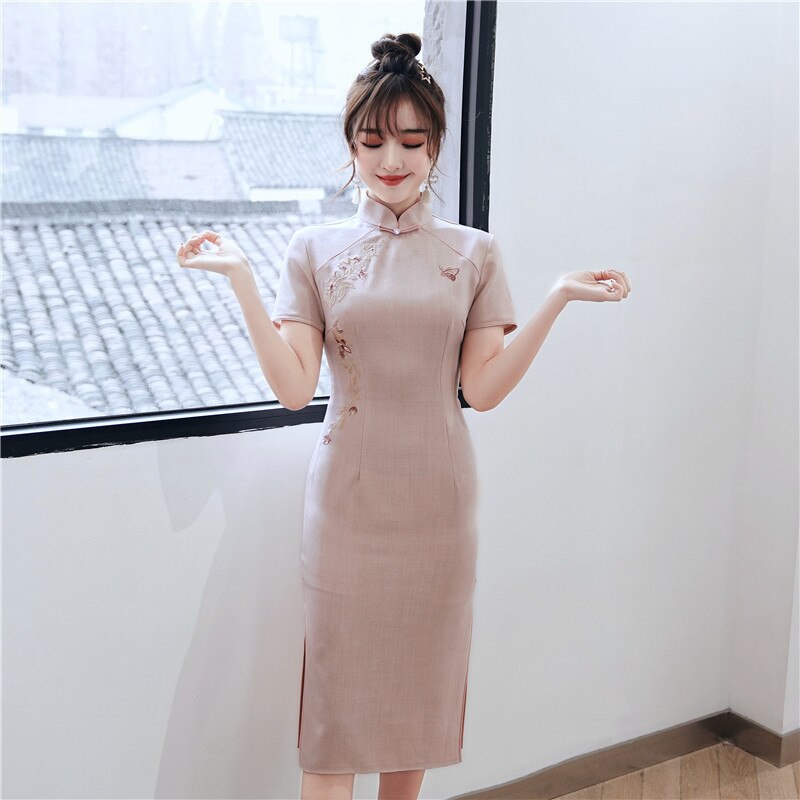 Qipao suave de algodón elástico bordado tradicional chino para mujer, vestidos ajustados con de mariposa, vestido chino de verano
