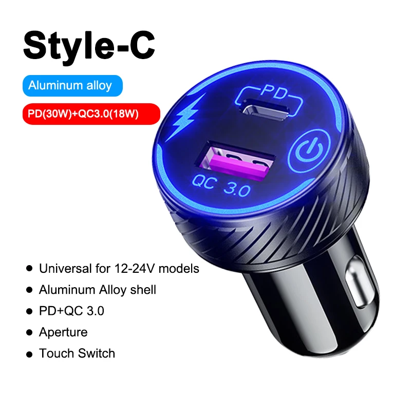 Kewig 48W Usb Autolader Type C Auto Telefoonopladers Snel Opladen Pd Qc3.0 Telefoonoplader Met Aan/Uit Schakelaar Auto-Oplader Adapter: GRIJS