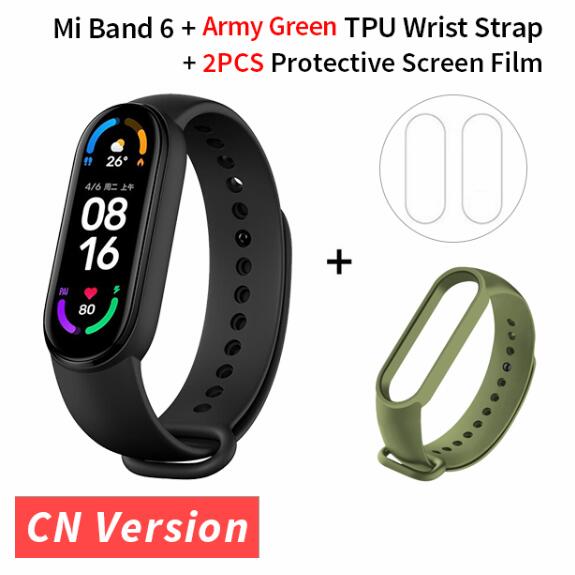 Original Xiaomi Mi banda 6 de oxígeno en la sangre de 1,56 ”AMOLED rastreador de ejercicios Monitor del ritmo cardíaco de la 5 Color inteligente pulsera Miband gota de 6: armygreen strap film