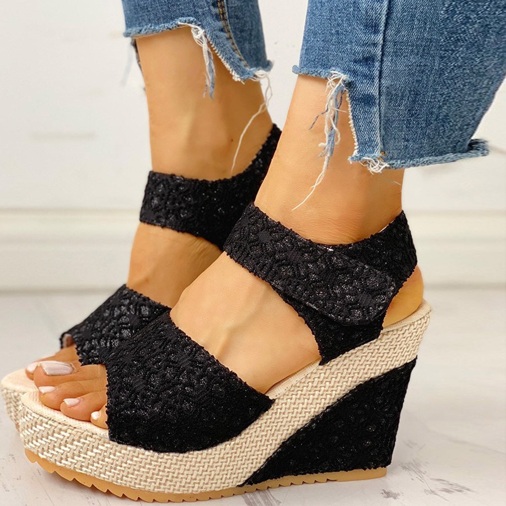 Sandales d'été à talons compensés pour femmes, chaussures de plage à lacets, motif Floral: Black  / 8