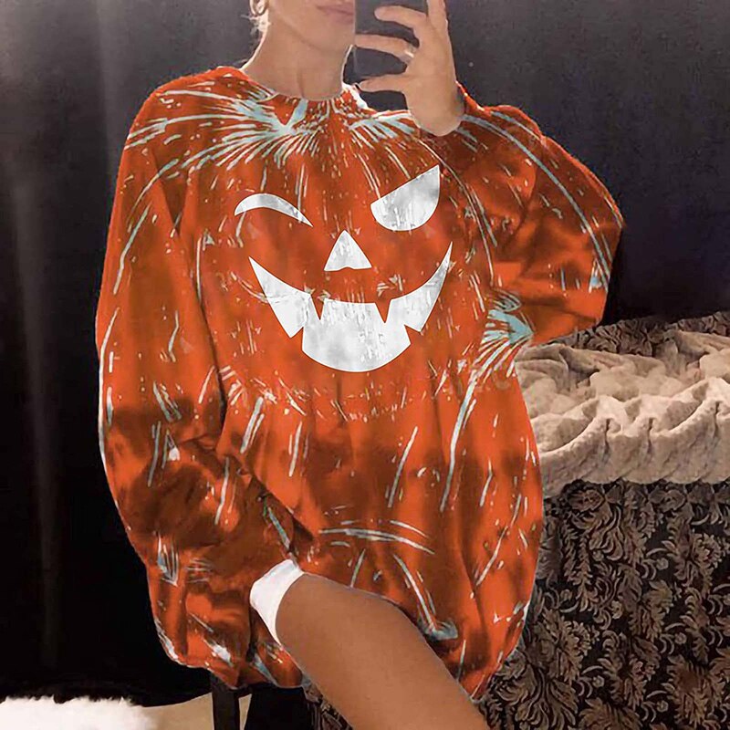 2021 bluzy z nadrukiem sweter kreskówka halloweenowa twarz ducha wycięcie pod szyją kolor dyniowy luźna bluza na codzienny jesień zima N66
