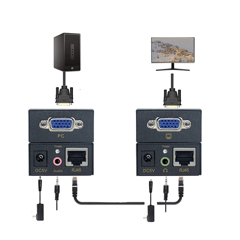 100M VGA Extender RJ45 Splitter Adapter with 3.5mm Audio Over RJ45 Cat5E/6 Ethernet Cable HD 1080P UTP for Projector HDTV PC