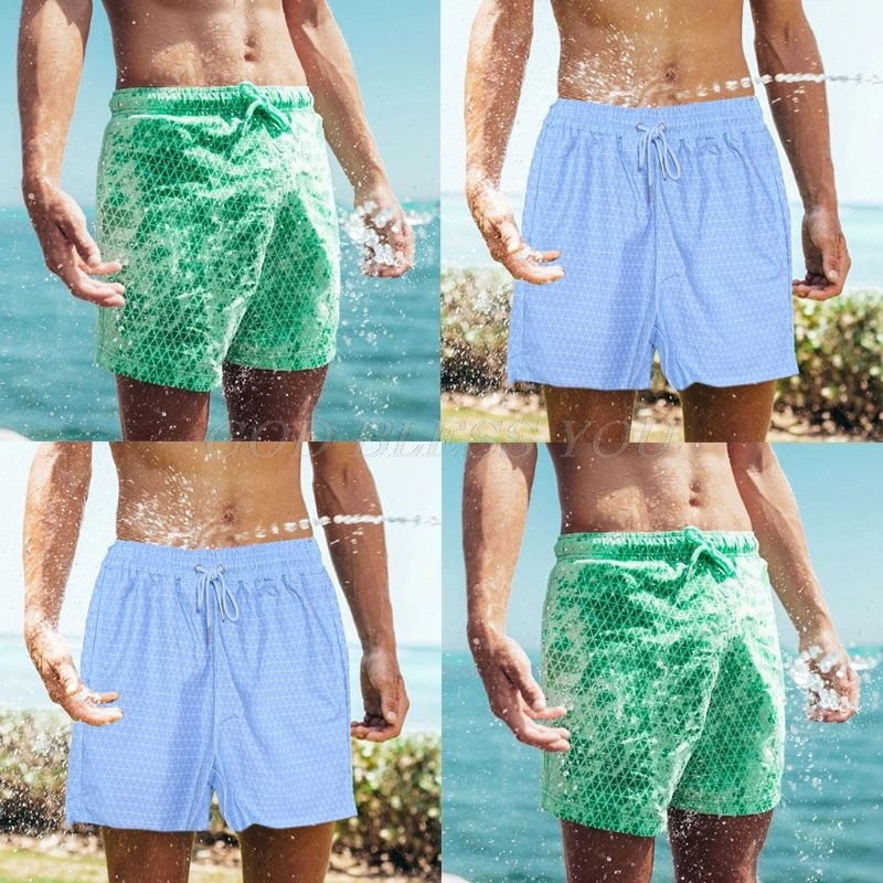 Men Magic Color Changing Swim Trunks Water Discoloration Surf Beach Board Rhombus Plaid Shorts Quick Dry Sport Pants