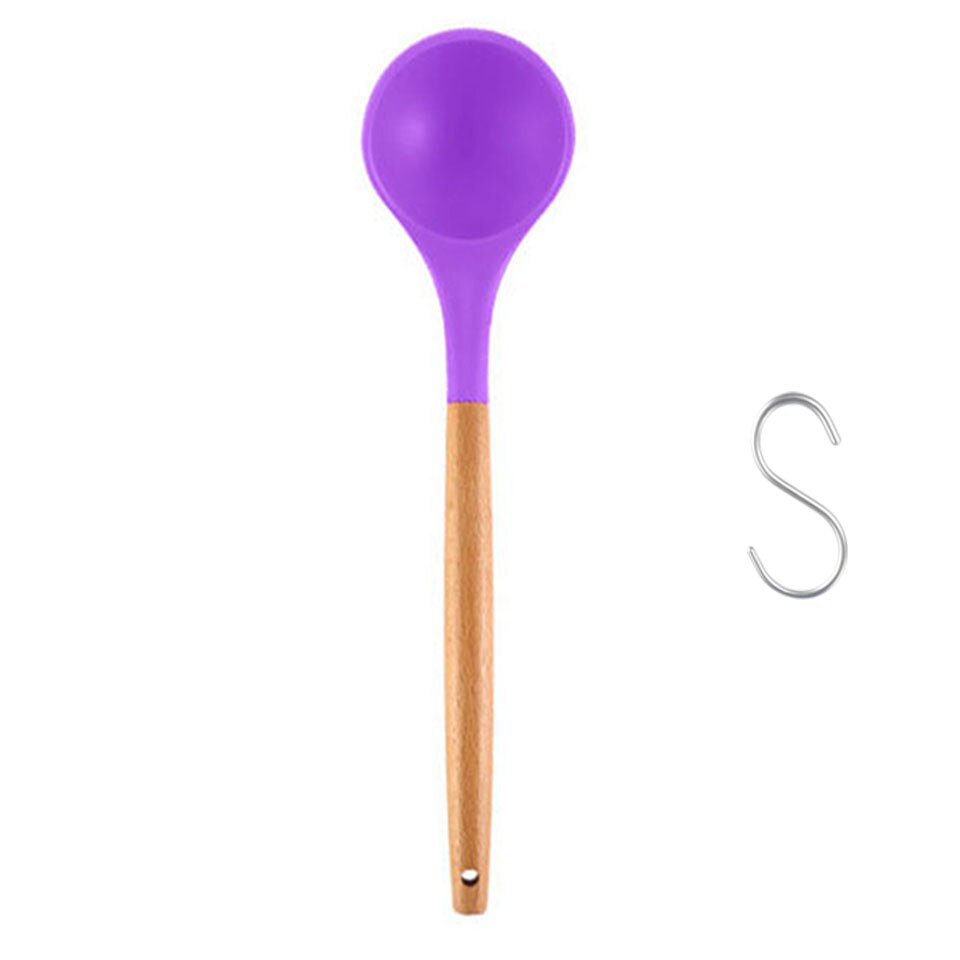 Silicone Kitchen Soup Spoon Cooking Spoons Wood Handle Spoon Kitchen Accessori: Purple