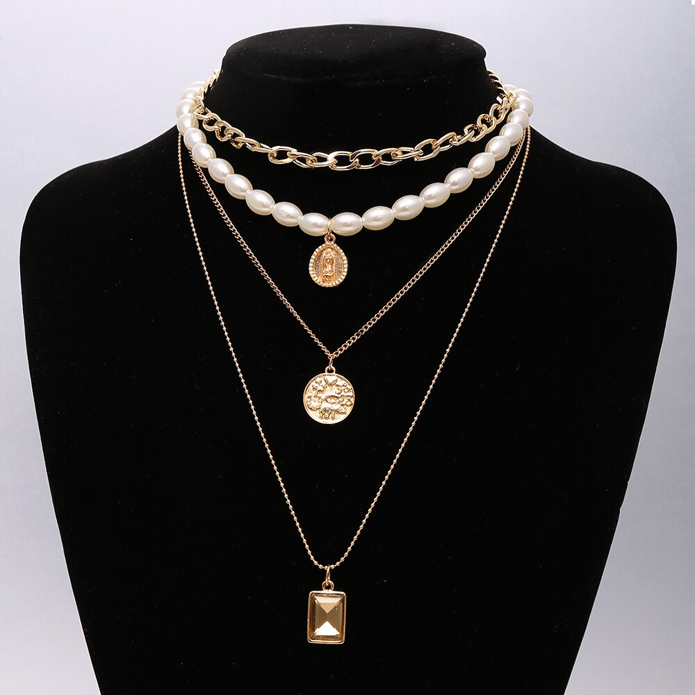 Punk Gold Multilayered Chain Baroque Pearl Necklace For Women Coin Crystal Pendant Necklace Trend Jewelry