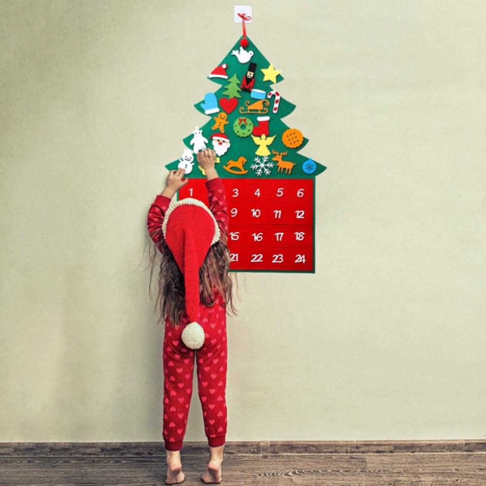 Felt Christmas Tree Advent Calendar 24 Days DIY Christmas Tree Ornaments Countdown Calendar with Transparent Adhesive Hooks