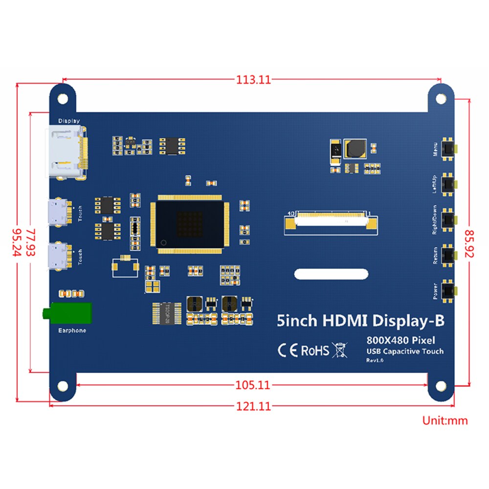 5" 800x480 LCD HDMI Display with 5V/1A/2A mini-USB power supply for Raspberry Pi and PC HDMI Input and CPT (Capacitive Touch)